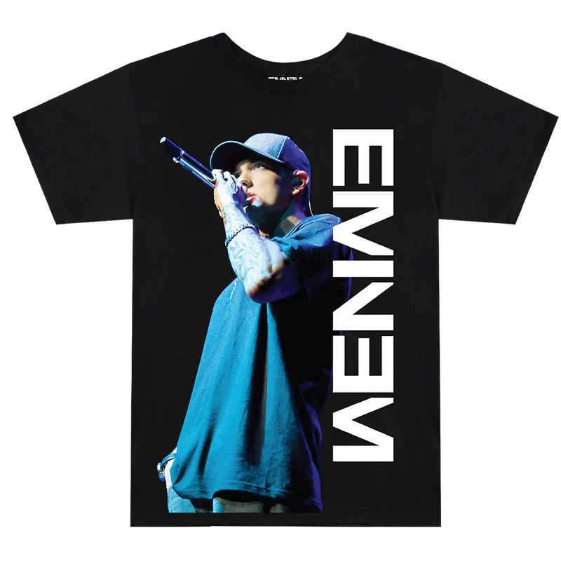 Eminem On The Mic Photo & Logo Black T-Shirt Eminem Official Limited Merch