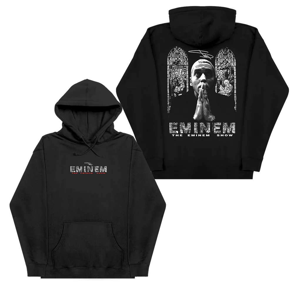 Black hoodie with Eminem graphics on front and back
