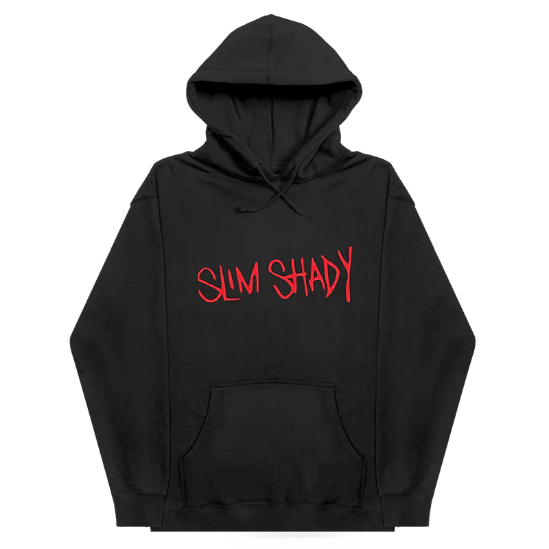 Black hoodie with 'SLIM SHADY' text in red on a white background