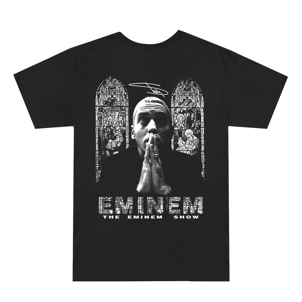 Black t-shirt with graphic design and 'Eminem' text on a white background