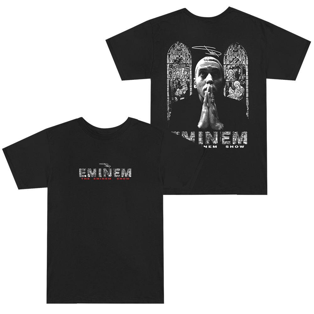Black t-shirt with Eminem graphic design on a white background