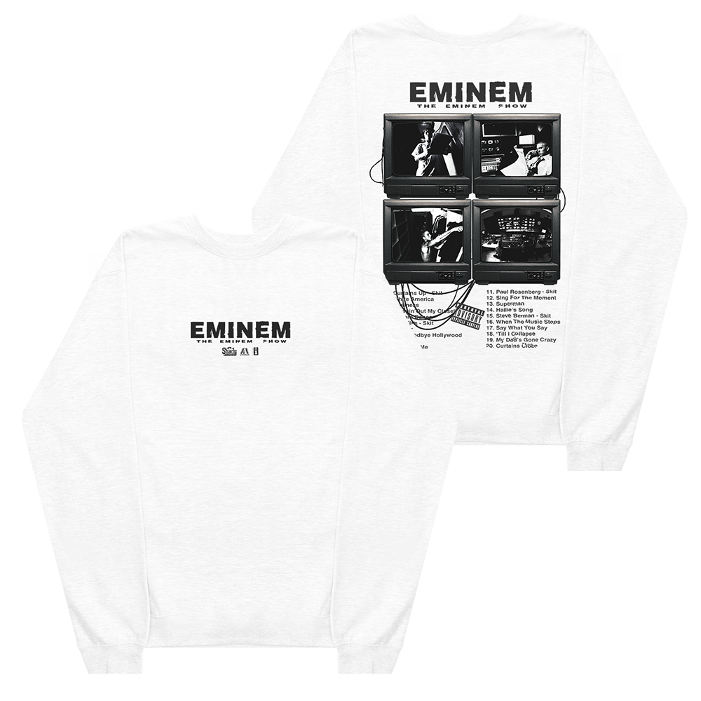 White sweatshirt with black graphic design and 'Eminem' text on a white background