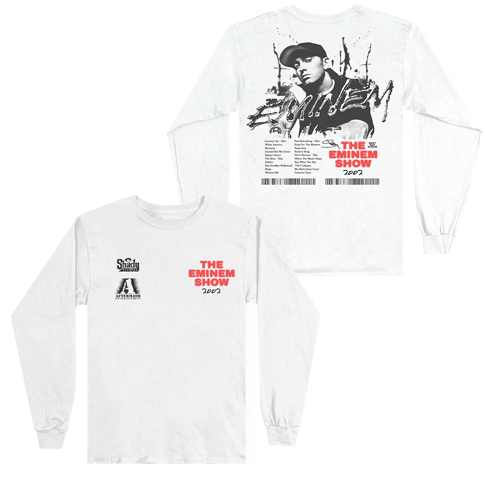 Flat lay of 'The Eminem Show 2002' long sleeve white shirt with detailed album artwork on the back and title print on the front.