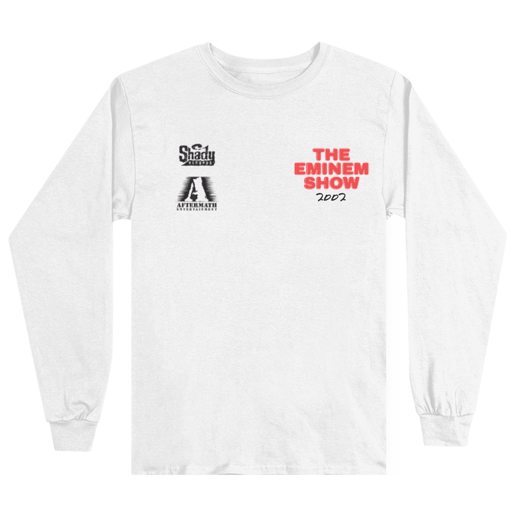 Close-up of the left chest on 'The Eminem Show 2002' white long sleeve, highlighting the subtle 'Shady Aftermath' and red album title print.