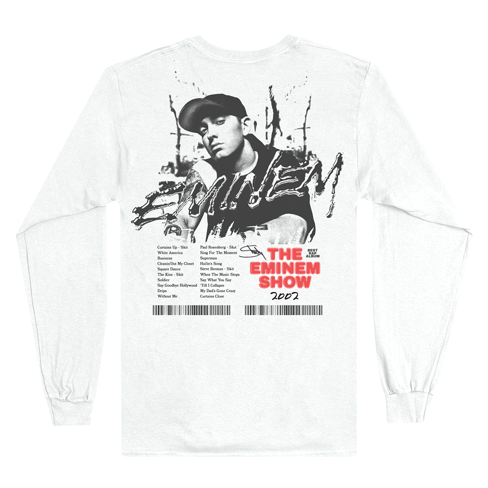 Back view of 'The Eminem Show 2002' white long sleeve, showcasing the full tracklist and a barcode along with the striking Eminem portrait.