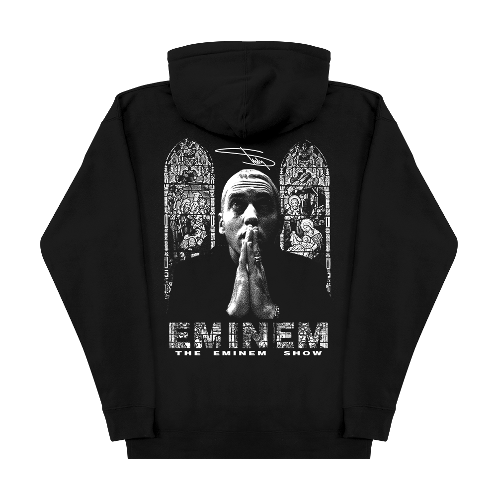 Black hoodie with white graphic design on the back featuring Eminem face and text, on a white background.