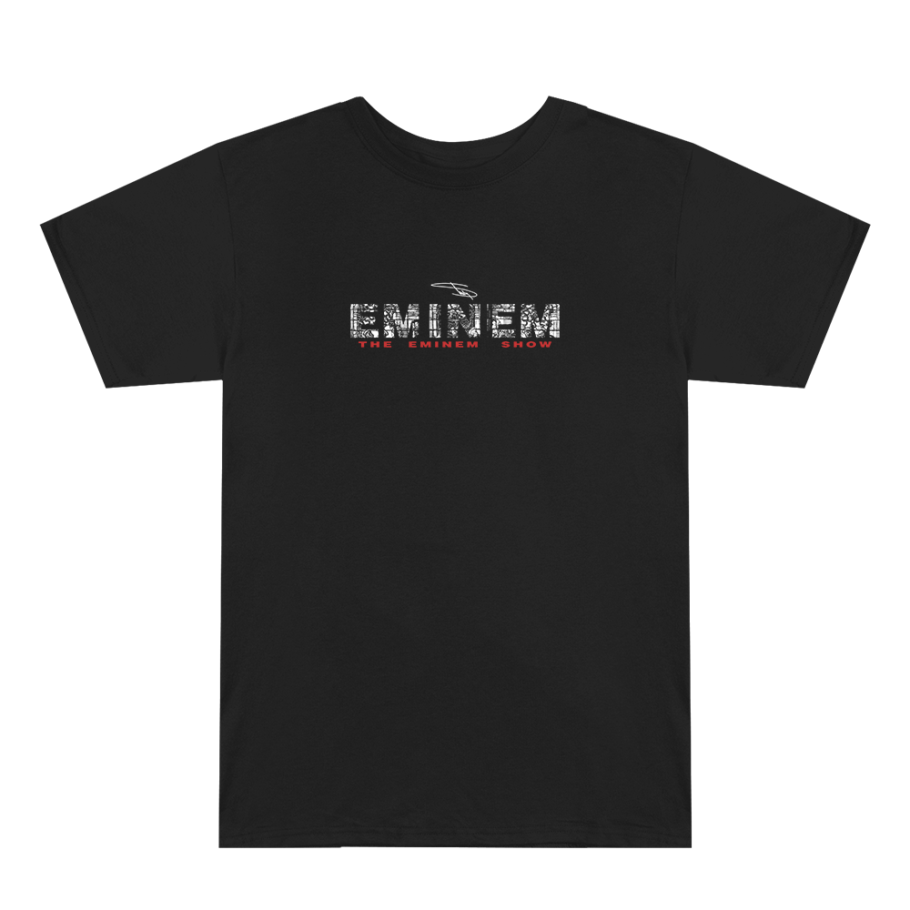 Black t-shirt with Eminem logo on a white background