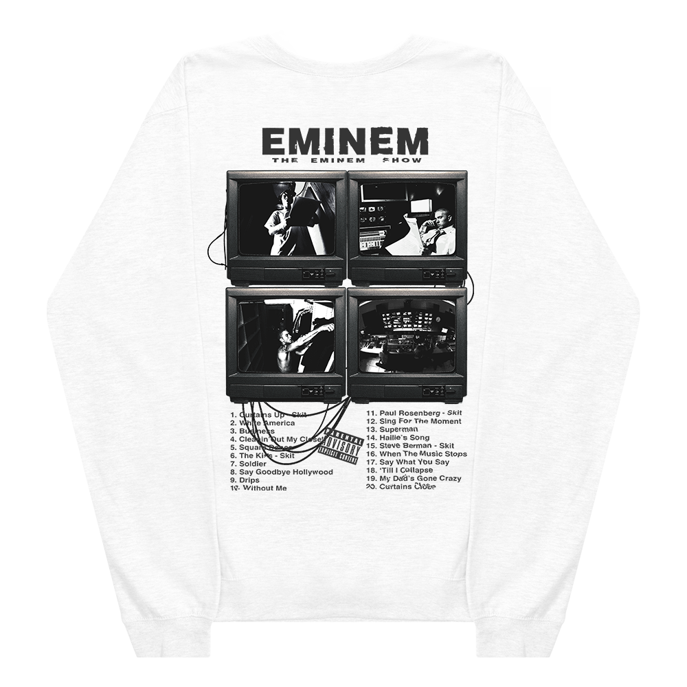 White sweatshirt with black and white graphic design of TVs and text on a white background