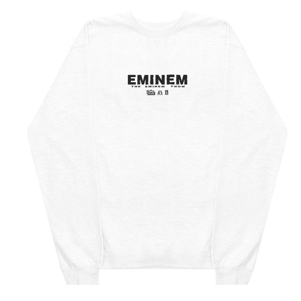 White sweatshirt with 'Eminem' logo on a white background